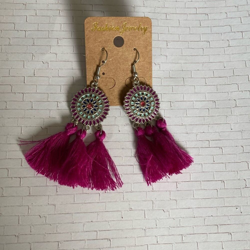 Boho Tassel Earrings with Enamel Mandala